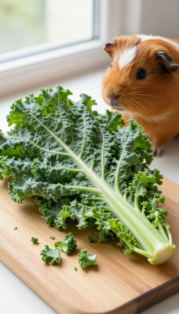 Fresh kale leaf and chopped pieces on a wooden board, with a guinea pig in the background, bright natural light