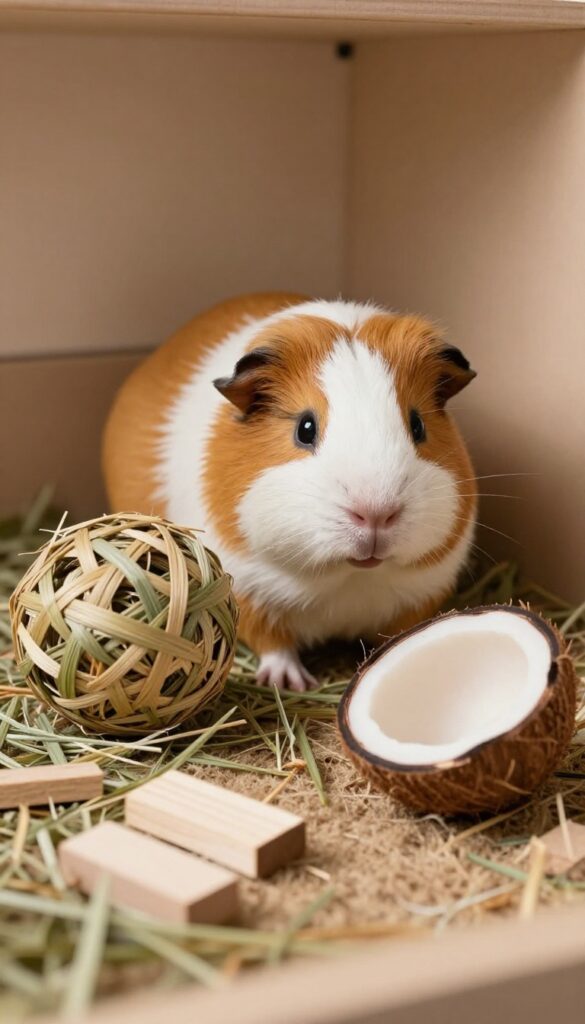 Guinea pig exploring natural enrichment toys in a cozy cage setup