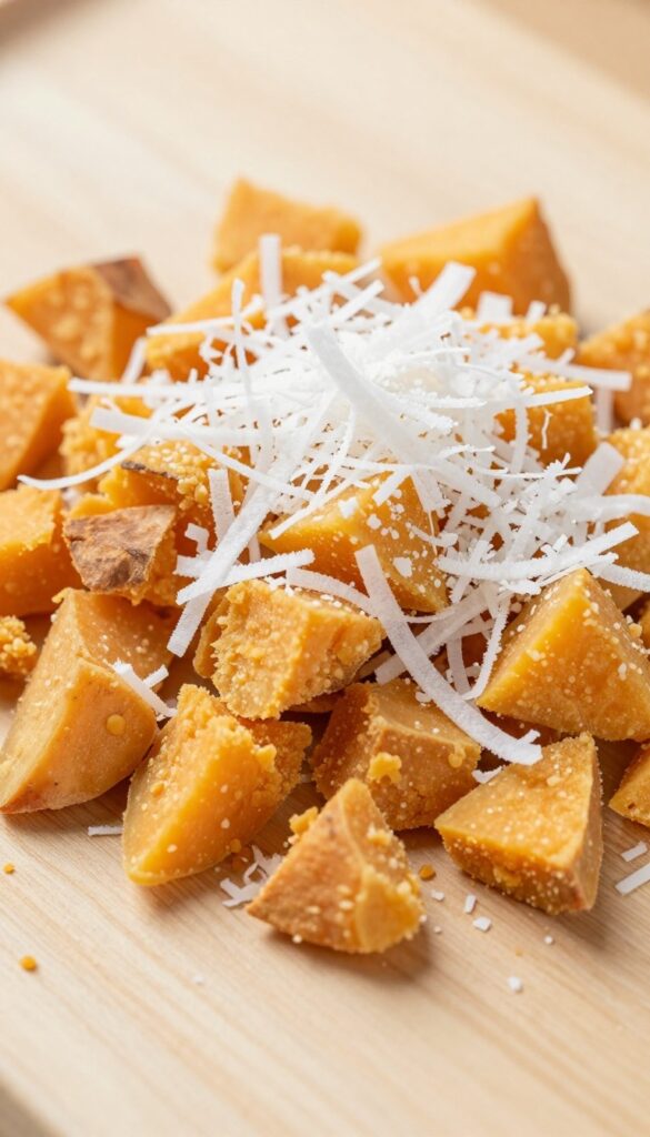 Homemade sweet potato and coconut crumble dog training treats, small crumbly bits on a wooden surface.