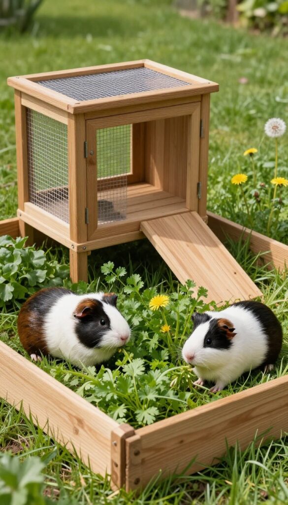 Raised garden bed converted into a guinea pig outdoor enclosure with guinea pigs grazing on fresh greens.