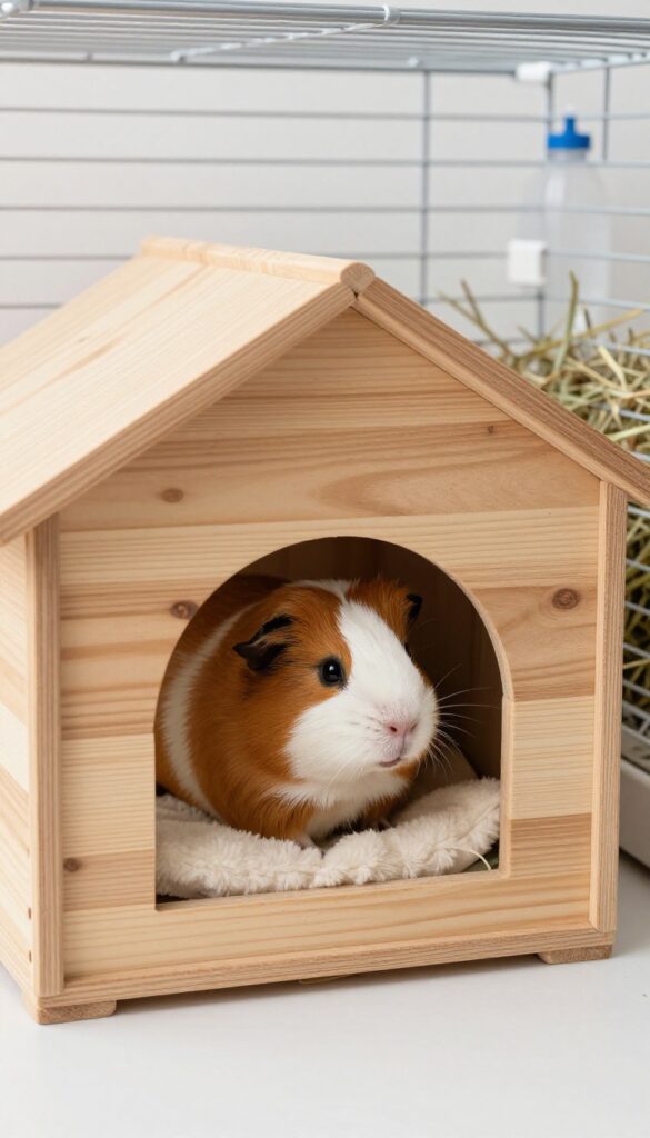 Wooden guinea pig hidey house with two exits in a bright cage, guinea pig peeking out