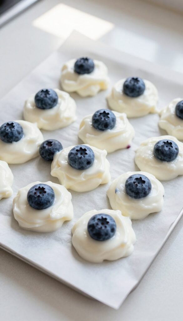 Homemade frozen blueberry yogurt dog treats on a baking sheet, ready for freezing.