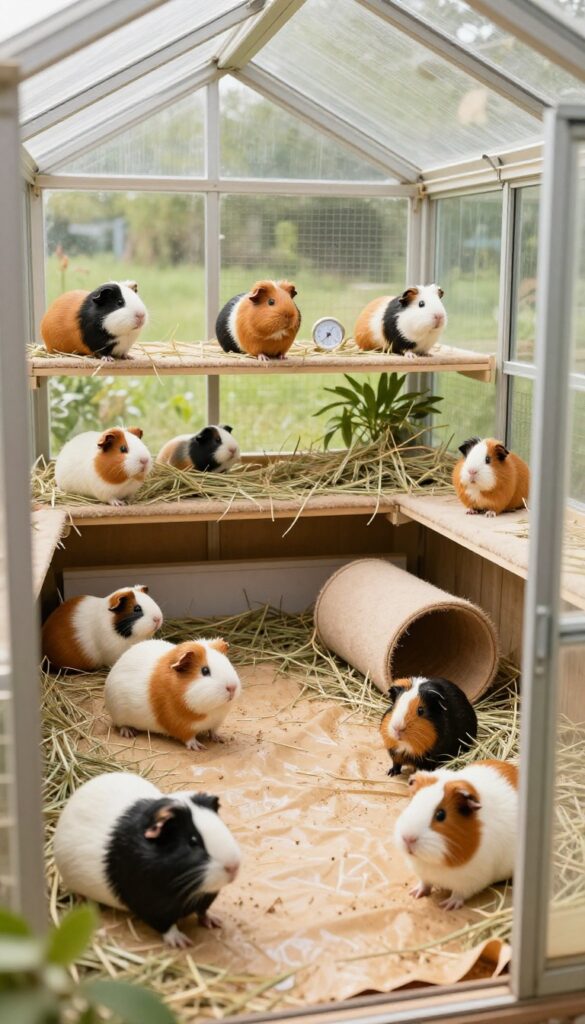 Greenhouse guinea pig paradise with shelves, tunnels, and soft bedding in natural light