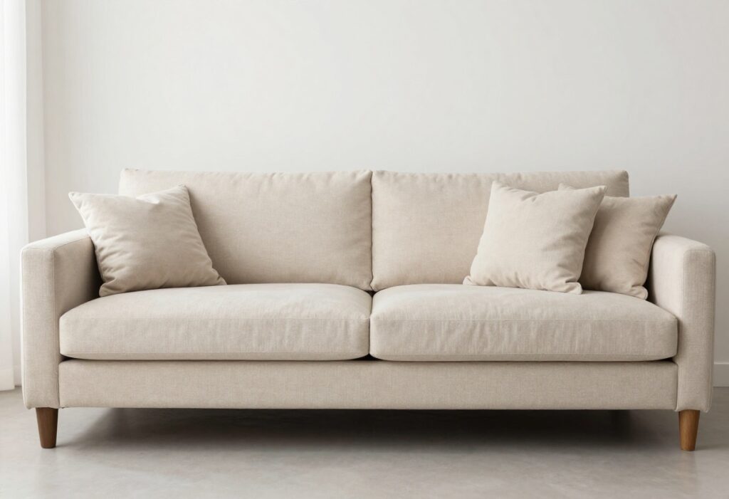 Clean beige sofa in a bright living room with pillows