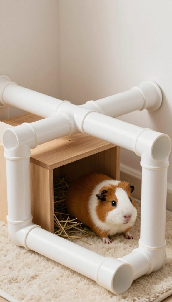 Guinea pig PVC pipe tunnel hideout zone in a cage corner with fleece and wooden house