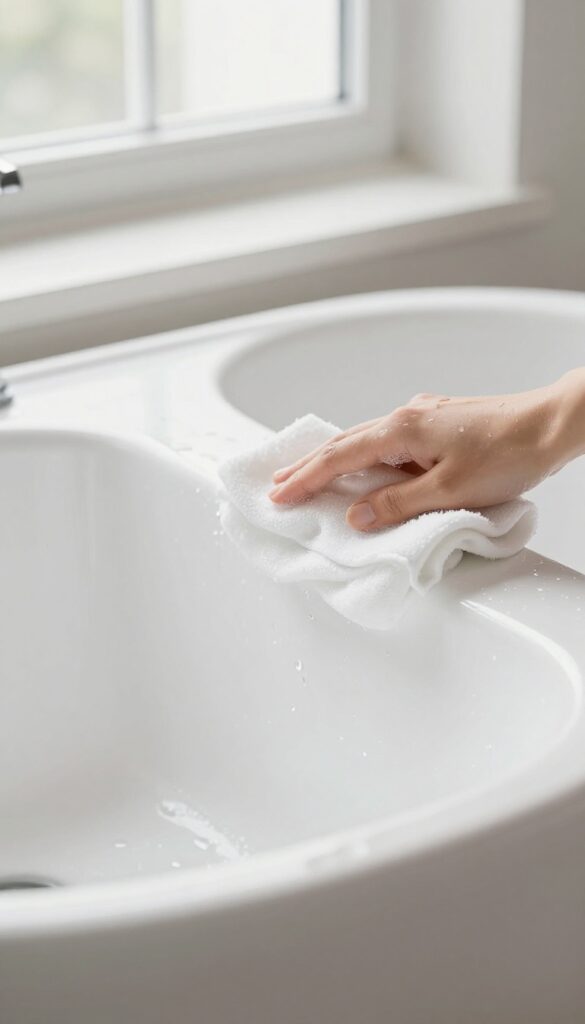 Clean bathtub after thorough rinse, water droplets, bright natural light, microfiber cloth wiping residue