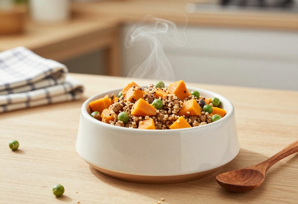 Homemade dog food without rice in a ceramic bowl, featuring pumpkin and quinoa, with a wooden spoon on a rustic table.
