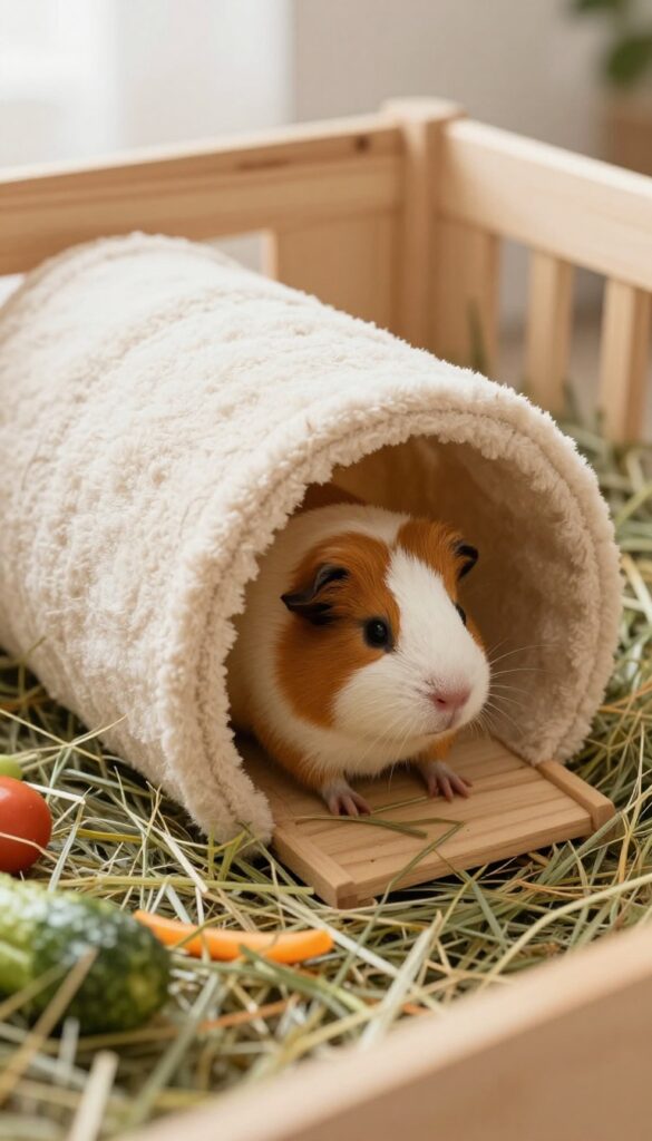 Guinea pig cage with fleece tunnel and wooden bridge for enrichment, natural lighting, clean composition.