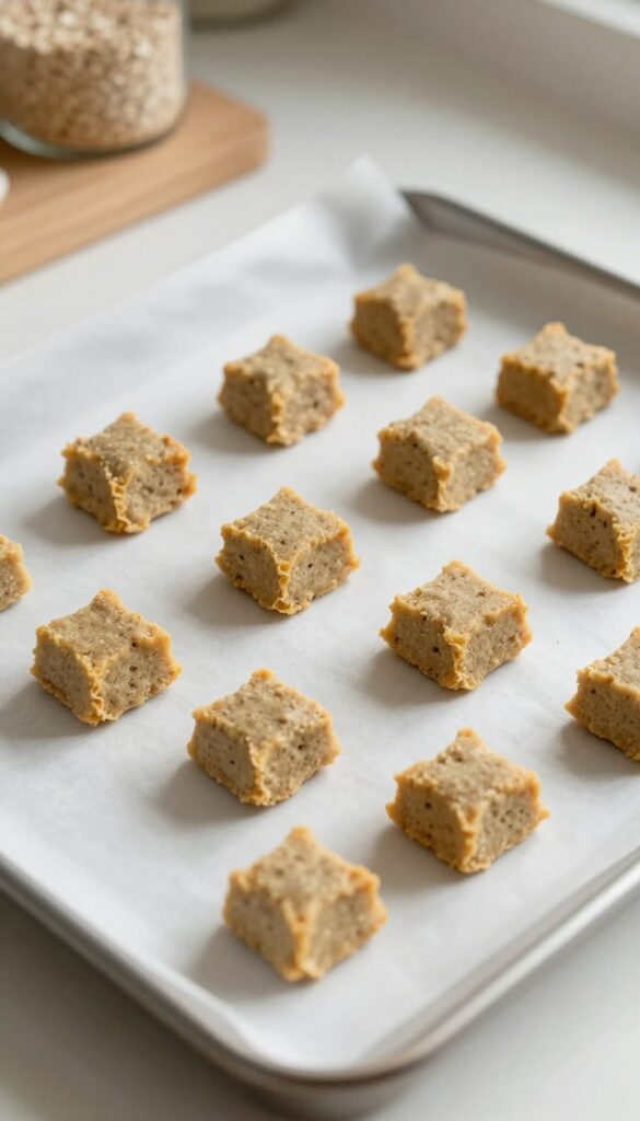Homemade soft liver and potato dog treat cubes on a baking sheet, perfect for gentle chewing.