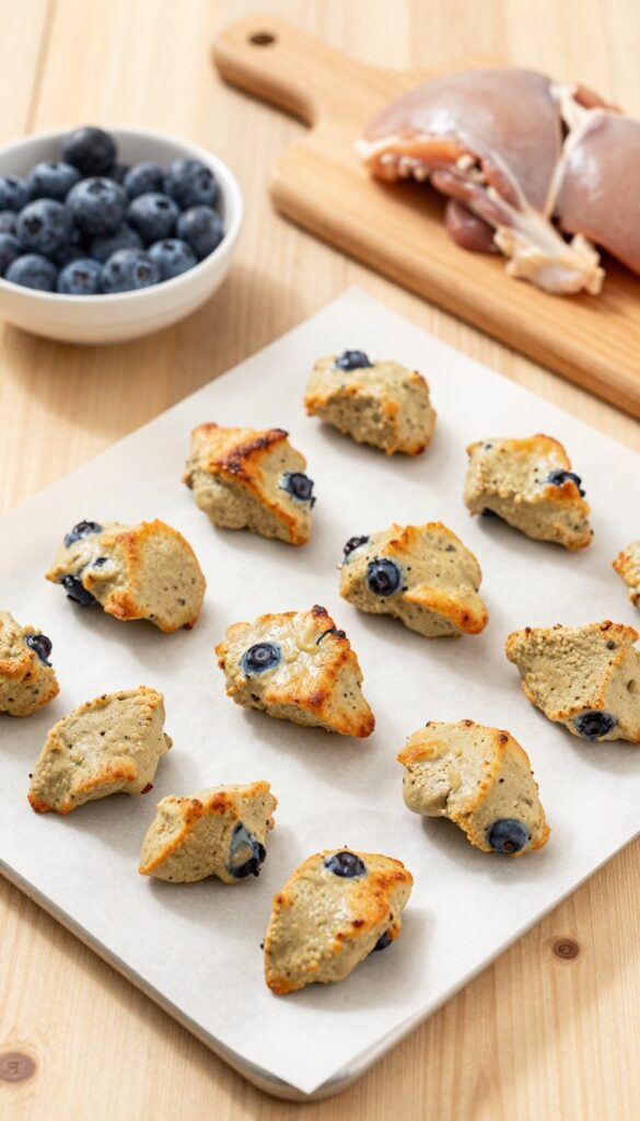 Homemade chicken liver and blueberry dog nuggets on a baking sheet, with fresh ingredients nearby, natural lighting.