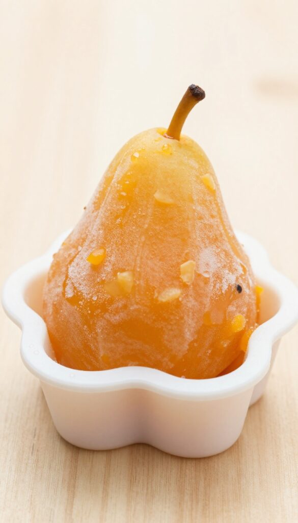 Frozen pear and pumpkin puree dog treats in a bone-shaped silicone mold on a wooden surface.