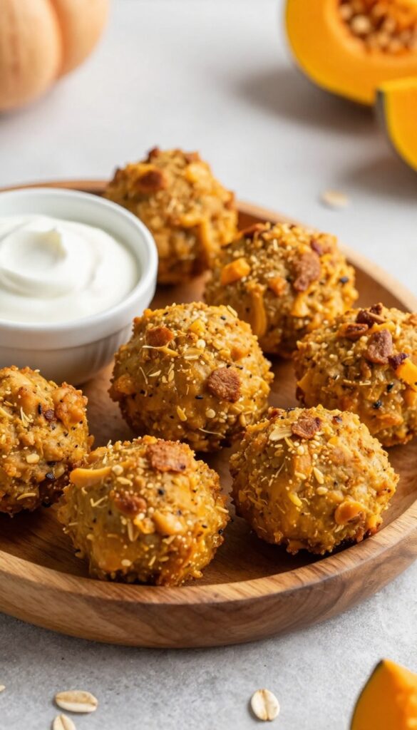 Homemade chicken and pumpkin dog meatballs on a wooden platter with a side of plain yogurt for dipping, perfect for party meal prep.