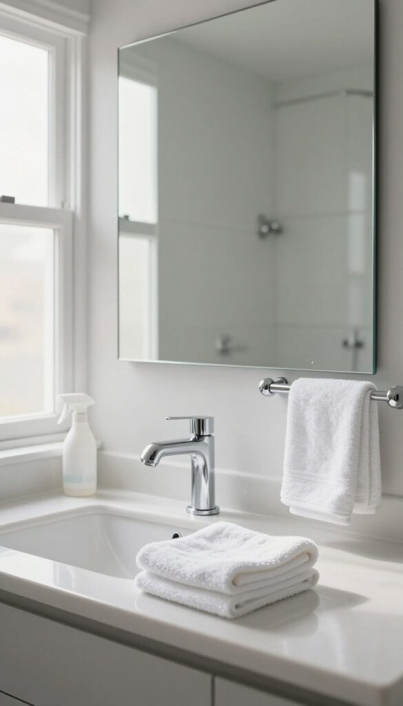 Clean bathroom mirror and shiny chrome fixtures with cleaning supplies on counter