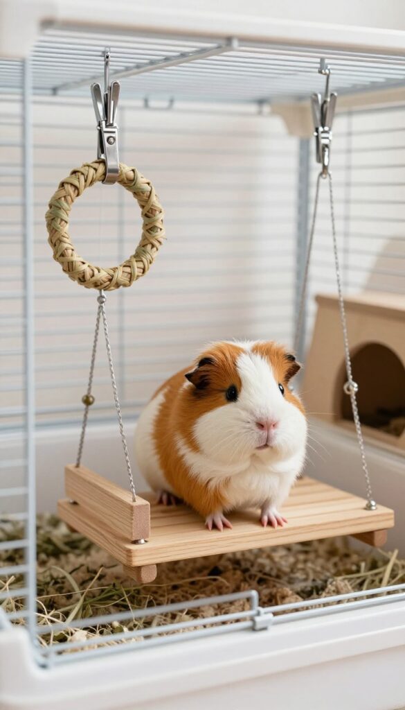 Guinea pig standing on a low wooden swing with hanging wooden block and grass ring toys in a bright cage.