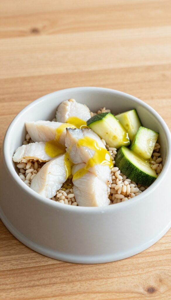 Homemade dog food bowl with whitefish, zucchini, and barley
