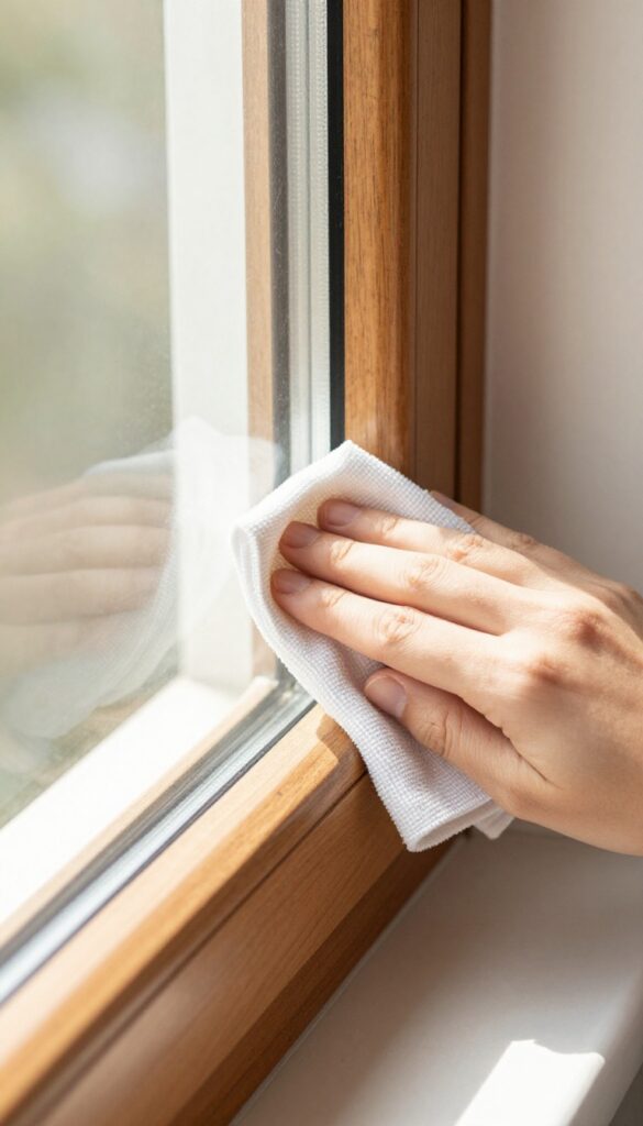 Hand wiping dust from a window frame with a dry microfiber cloth, bright natural light.
