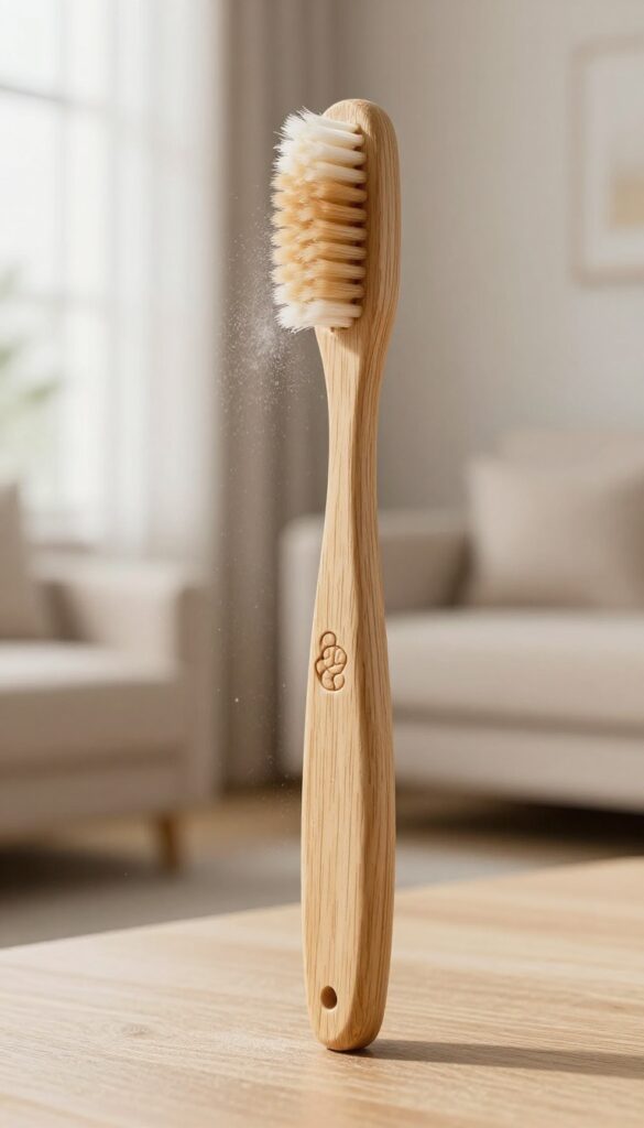 Soft-bristled toothbrush gently dusting intricate wood carvings on a vintage furniture piece in bright natural light