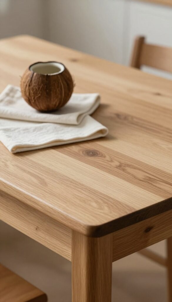 Coconut oil and cloth on a wooden table, highlighting the polished and unpolished sections of the wood.