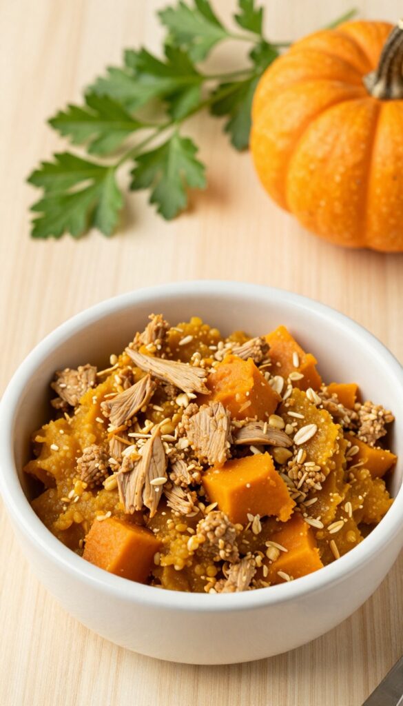 Homemade turkey and pumpkin mash dog food in a bowl, with turkey crumbles, pumpkin, and oatmeal, on a wooden table in natural light.