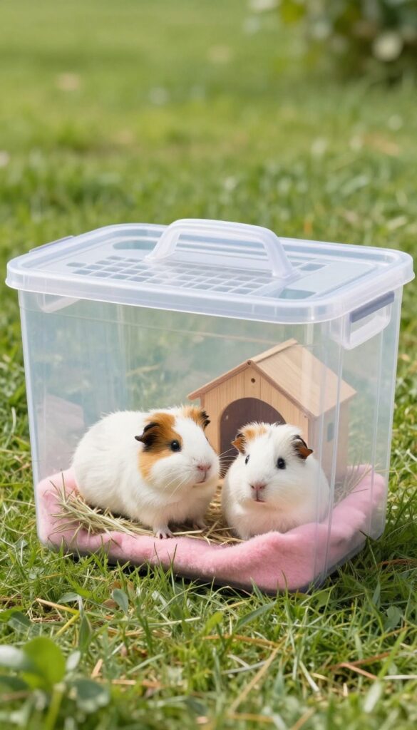 Large plastic storage bin with mesh top used as an outdoor guinea pig cage on grass, with guinea pigs inside on fleece bedding.