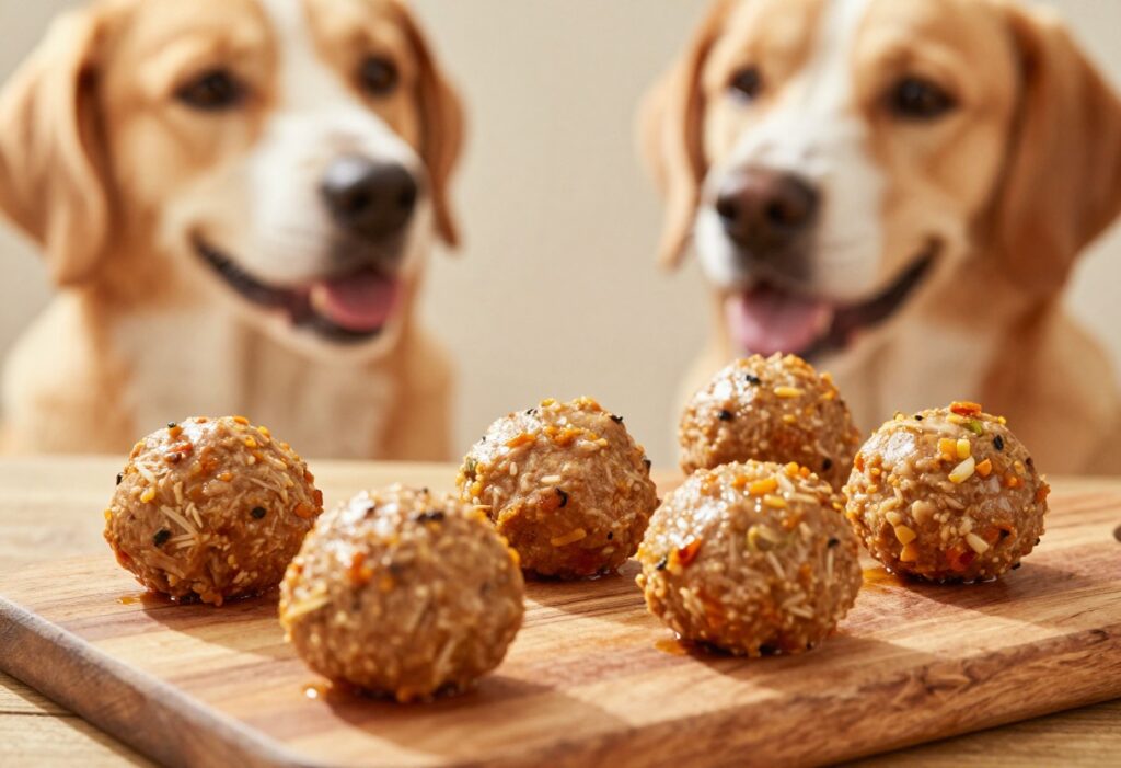Homemade turkey dog meatballs on a wooden board with a dog watching