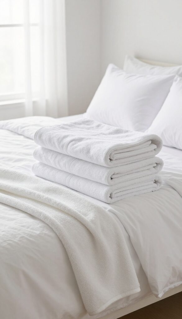 Freshly washed white bedding and towels neatly arranged on a bed in a bright, airy bedroom.