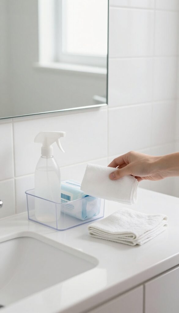 Hand reaching for a cleaning caddy on a bathroom counter