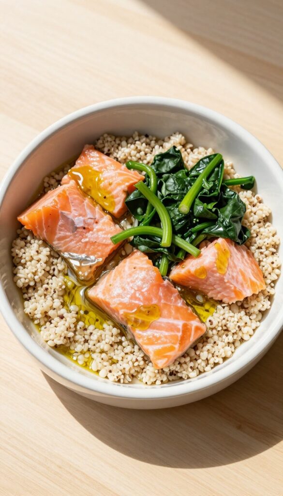 Dog bowl with salmon, quinoa, and spinach mixture on a wooden table in natural light