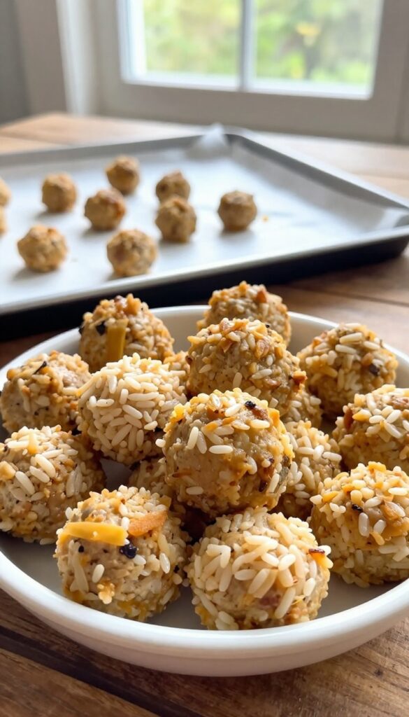 Homemade chicken and rice meatballs for dogs in a bowl, baked and golden brown, on a wooden table with natural light.