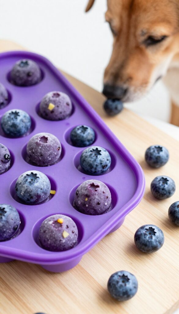Homemade frozen dog treats: pineapple blueberry pops in an ice cube tray, with a dog sniffing one cube.