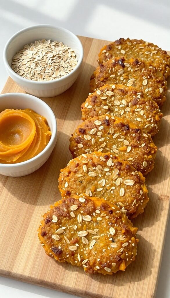 Homemade pork and pumpkin dog patties arranged on a cutting board with oats and pumpkin puree nearby.