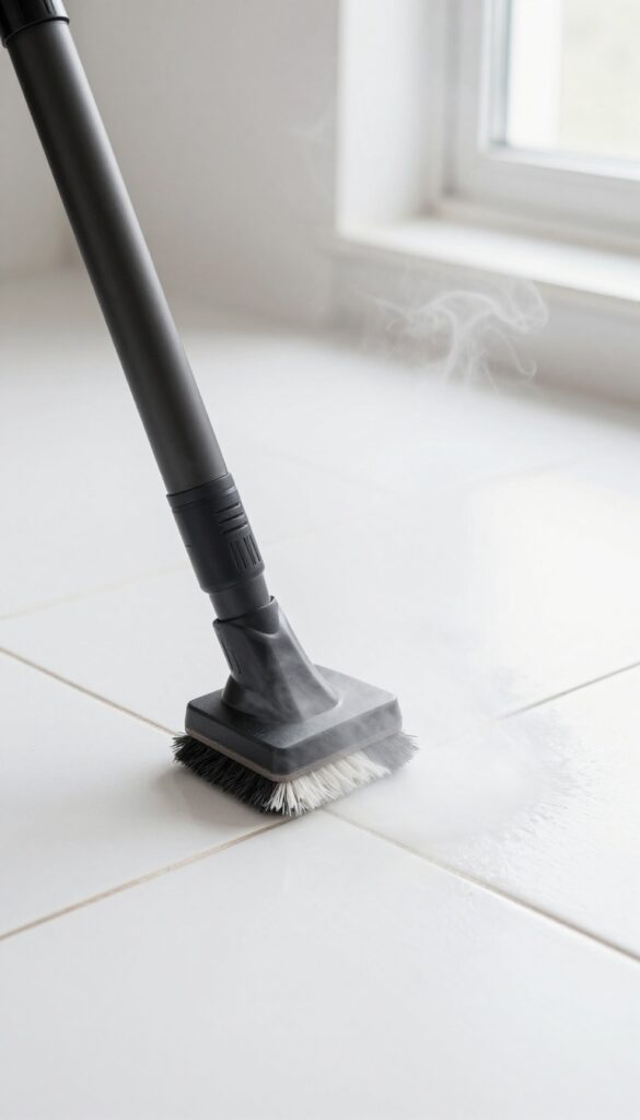 Handheld steam cleaner cleaning grout lines on a white tile floor.