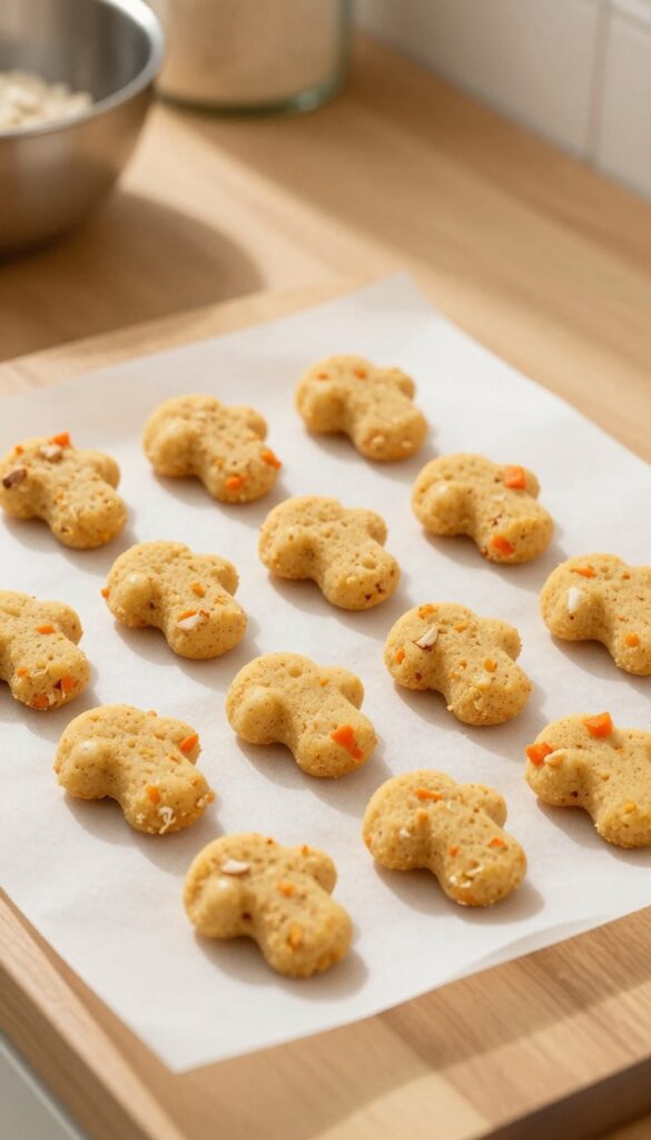 Homemade chicken and carrot training bites for dogs, small and chewy, on a baking sheet.
