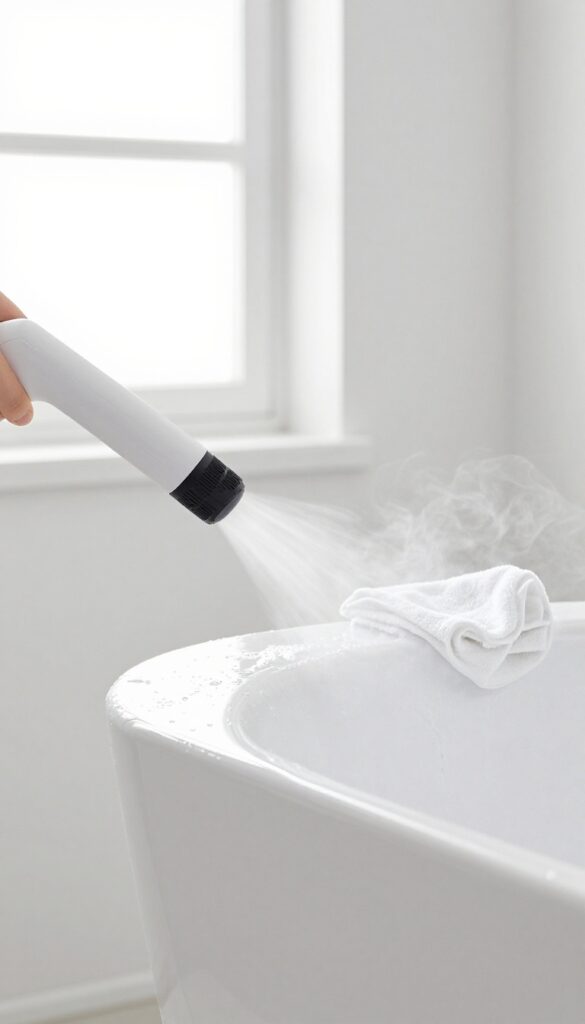 Handheld steam cleaner sanitizing a white bathtub, with steam jet and microfiber cloth, bright natural light, no text.