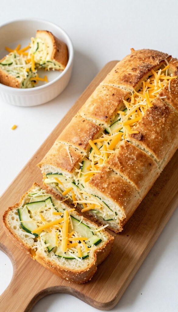 Homemade veggie and cheese dog loaf sliced into party-sized cubes on a wooden board with a dog bowl nearby.