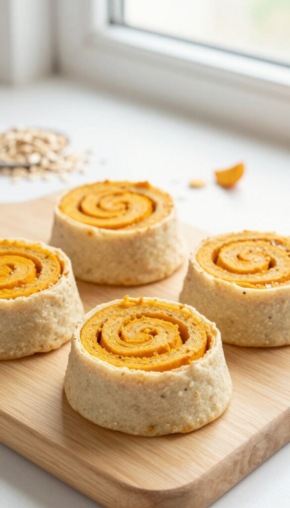Homemade pumpkin and oatmeal pinwheel dog treats arranged on a cutting board.