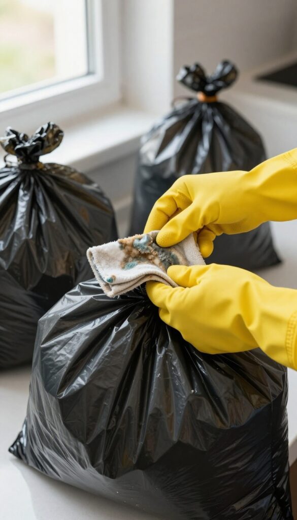 Person wearing yellow gloves placing a moldy rag into a tied black garbage bag in a bright kitchen