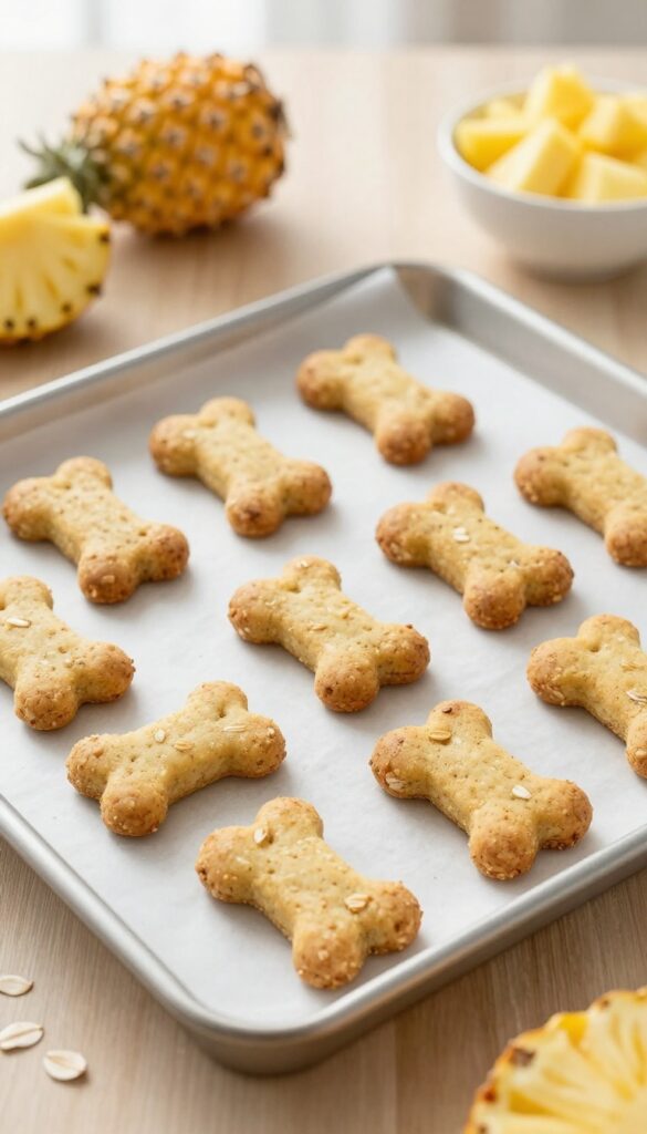 Homemade pineapple oat dog biscuits baked golden brown on a parchment-lined baking sheet, with oat flour and mashed pineapple nearby.