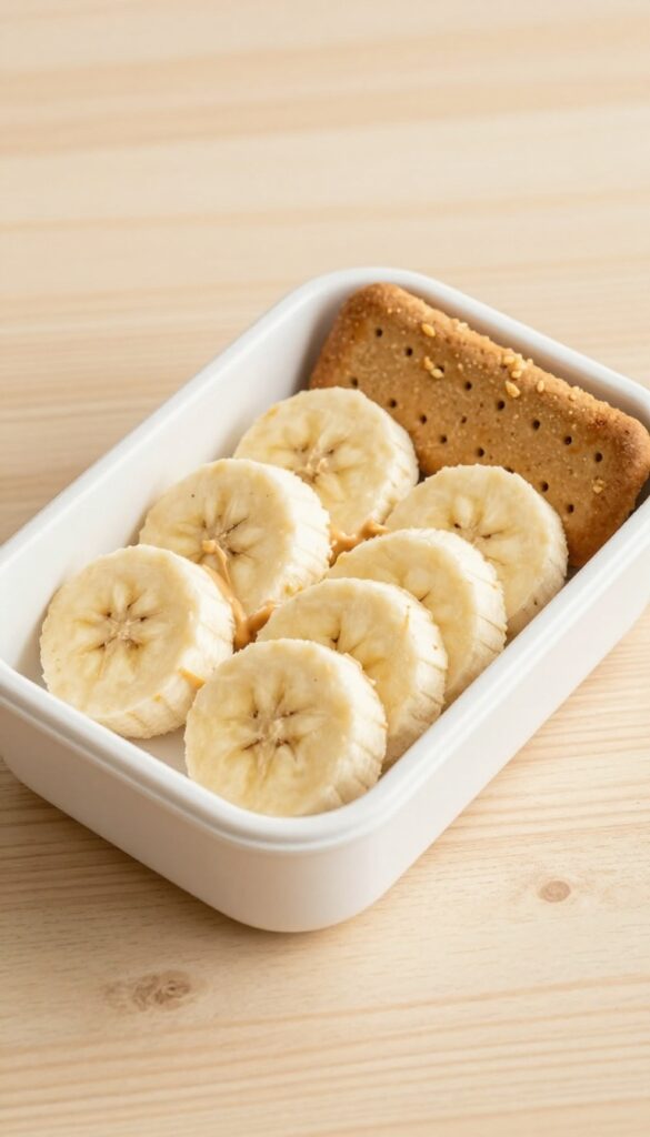 Dog bento box with peanut butter banana slices and whole-grain dog biscuits on a wooden table