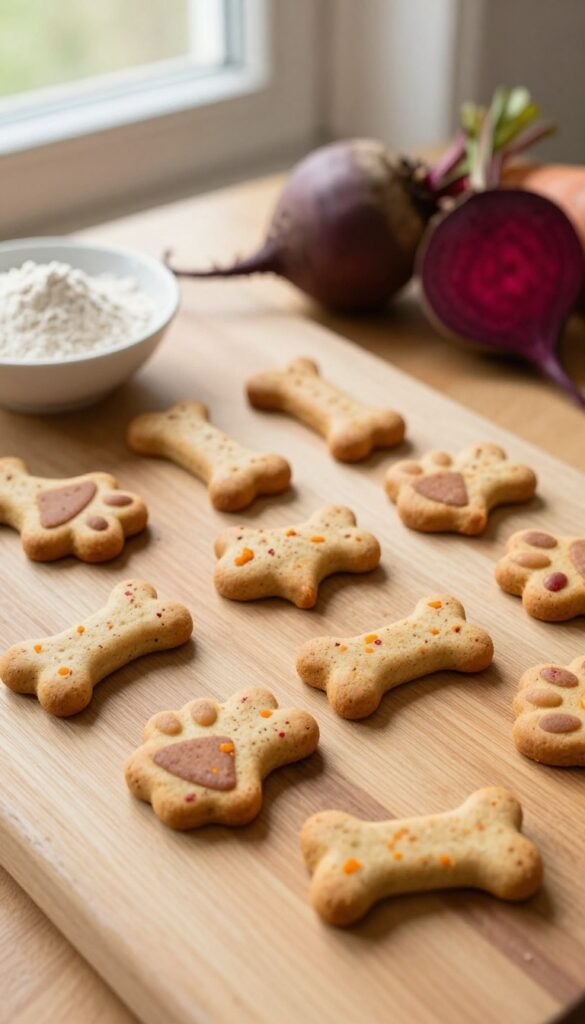 Homemade beet and sweet potato dog biscuits in bone and paw shapes on a wooden board with raw ingredients nearby.
