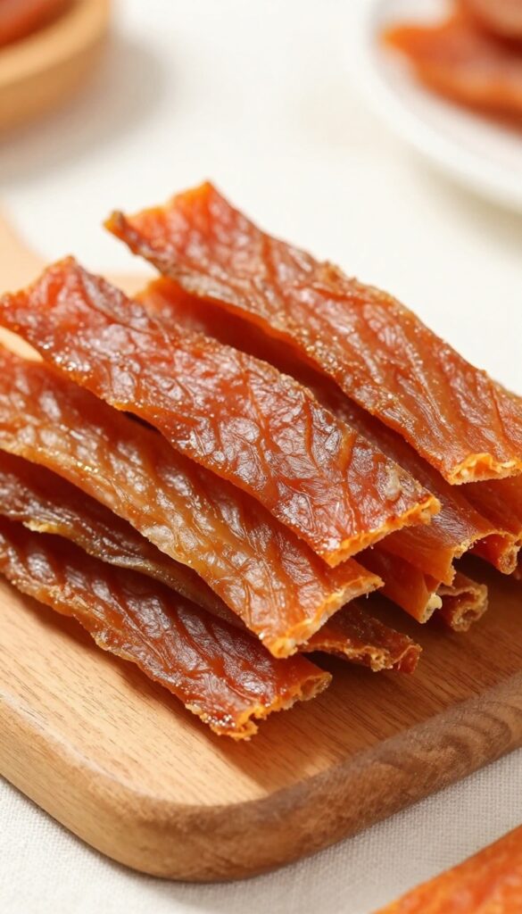 Homemade chicken and sweet potato jerky dog treats arranged on a wooden board, chewy texture, natural lighting.