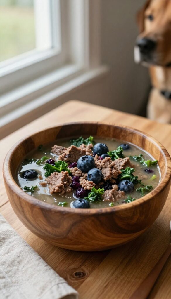 Homemade dog stew with venison and blueberries in a wooden bowl, natural lighting, dog food photography
