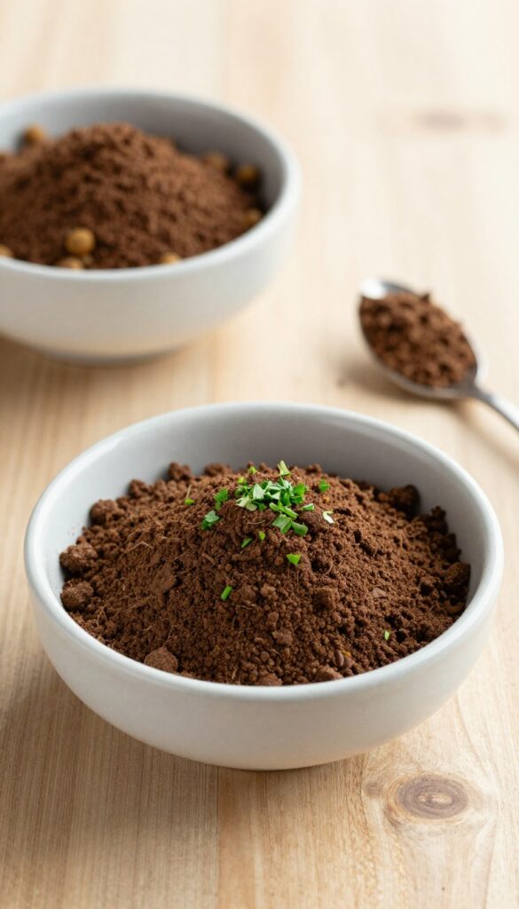 Close-up of homemade freeze-dried beef liver treat dust in a bowl with a spoon, perfect for sprinkling over dog food as a healthy topper.