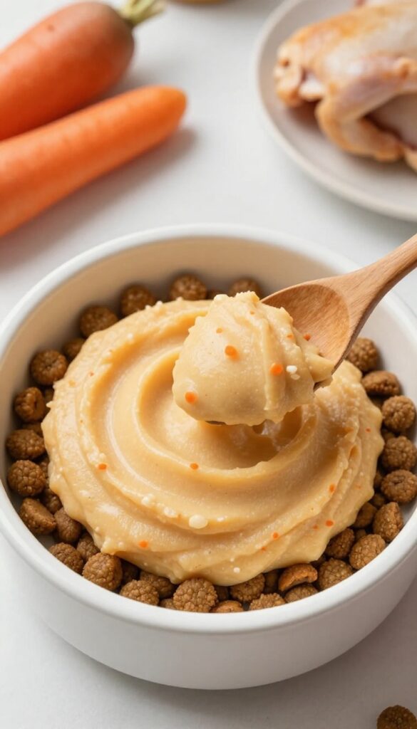 Homemade boiled chicken and carrot mash dog food topper spooned over kibble in a dog bowl, natural lighting, pet-blog photography.