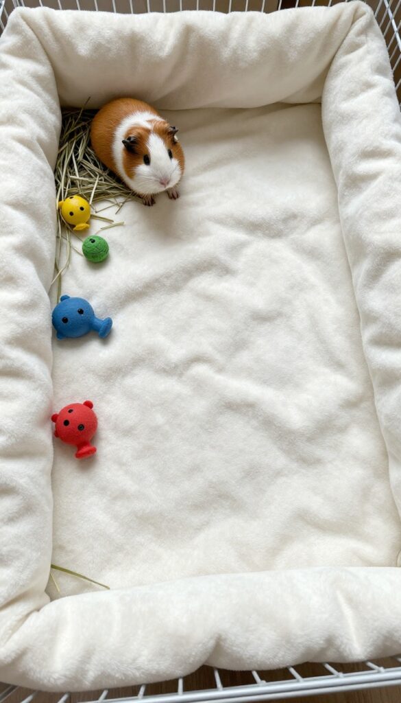 Guinea pig cage with fleece liner, hay, and toys