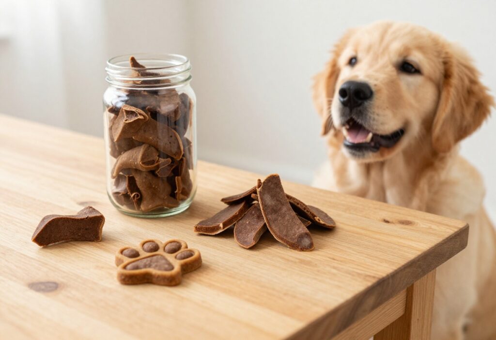 Homemade dehydrated beef heart dog treats in a jar with fresh heart slices and a golden retriever puppy