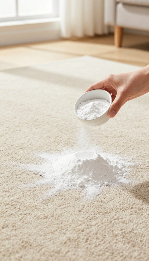 Hand sprinkling baking soda on a beige carpet in a bright living room