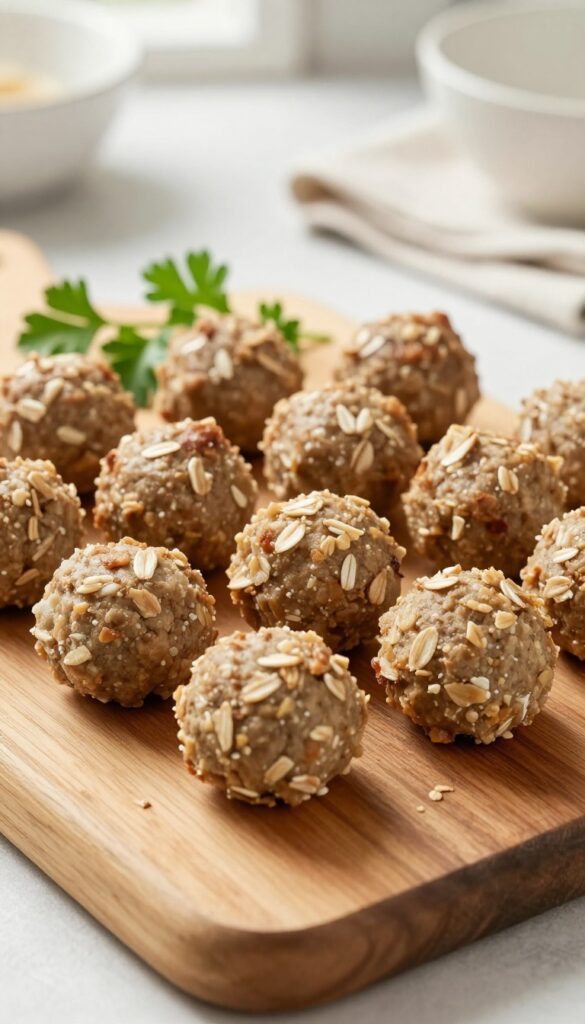 Freshly baked beef and oat dog meatballs on a wooden cutting board with parsley, bright natural light, homemade dog treat photography.