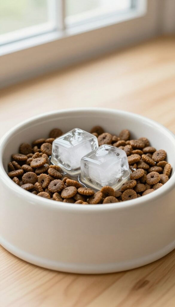 Homemade bone broth ice cubes melting over dog kibble in a bowl, a refreshing and hydrating dog food topper for picky eaters.