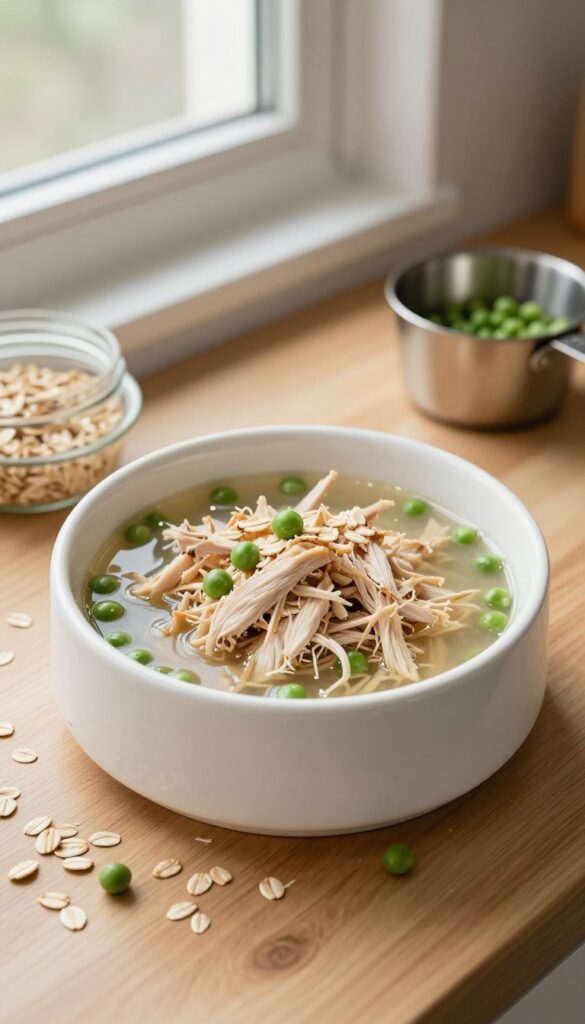 A dog bowl filled with chicken, oatmeal, and peas, a gentle meal-prep dog food for sensitive stomachs.